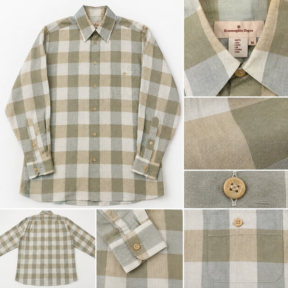 Ermenegildo Zegna Mens 100% Linen Check Button Down Shirt Green Tan Size M - Picture 2 of 8